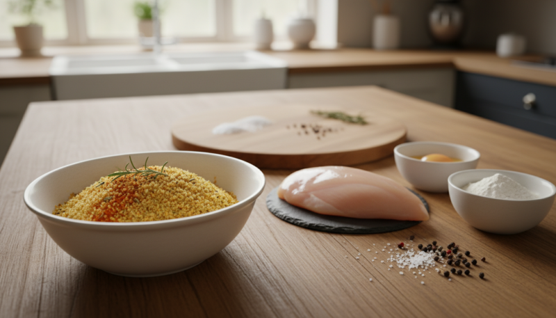 sastojci za paniranje i pileći file